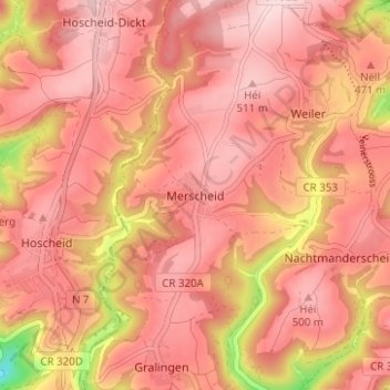 Topografische Karte Merscheid, Höhe, Relief