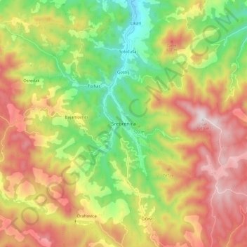 Topografische Karte Srebrenica, Höhe, Relief
