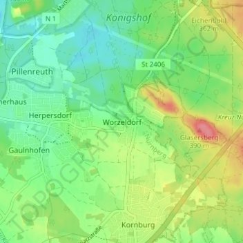 Topografische Karte Worzeldorf, Höhe, Relief