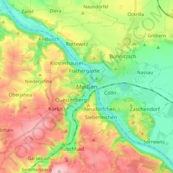 Topografische Karte Meissen, Höhe, Relief