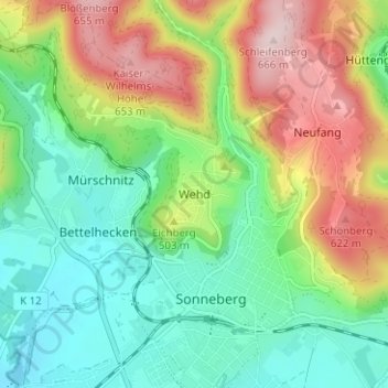 Topografische Karte Wehd, Höhe, Relief