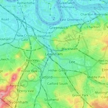 Topografische Karte Lewisham, Höhe, Relief
