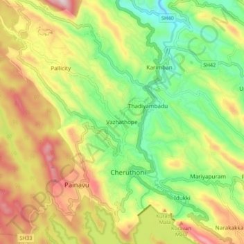 Topografische Karte Vazhathope, Höhe, Relief