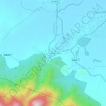 Topografische Karte Courtallam, Höhe, Relief