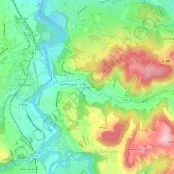 Topografische Karte Unterrindal, Höhe, Relief