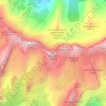 Topografische Karte Spieljoch, Höhe, Relief