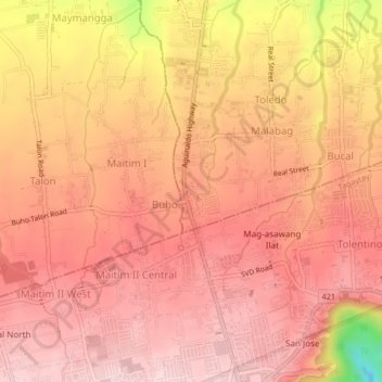 Topografische Karte Buho, Höhe, Relief