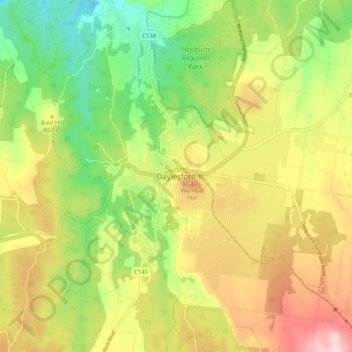 Topografische Karte Daylesford, Höhe, Relief