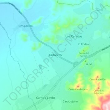 Topografische Karte Tintorero, Höhe, Relief