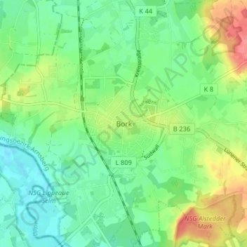 Topografische Karte Bork, Höhe, Relief