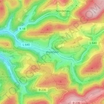 Topografische Karte Westfeld, Höhe, Relief