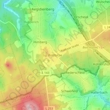 Topografische Karte Rottbitze, Höhe, Relief