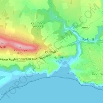 Topografische Karte Penmaen, Höhe, Relief
