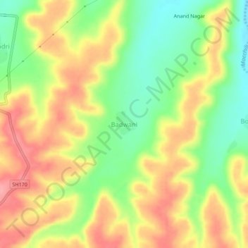 Topografische Karte Badwani, Höhe, Relief