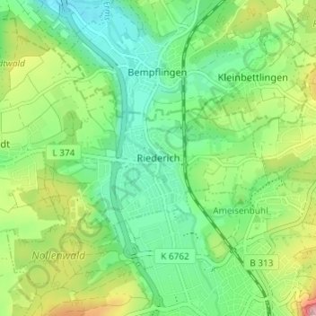 Topografische Karte Riederich, Höhe, Relief