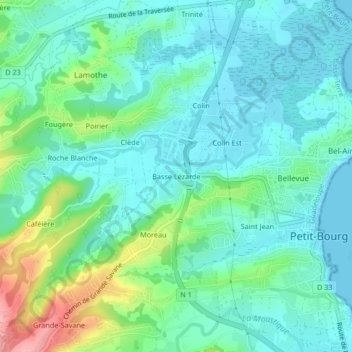 Topografische Karte Basse Lézarde, Höhe, Relief