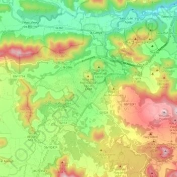 Topografische Karte Olot, Höhe, Relief