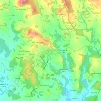 Topografische Karte Meilhards, Höhe, Relief