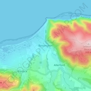 Topografische Karte Bossington, Höhe, Relief