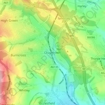 Topografische Karte Chapeltown, Höhe, Relief