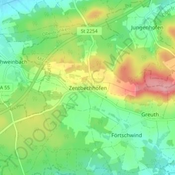 Topografische Karte Zentbechhofen, Höhe, Relief