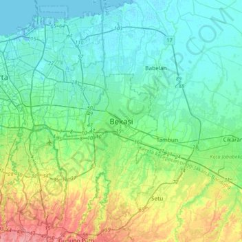 Topografische Karte Bekasi, Höhe, Relief
