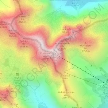 Topografische Karte Lomnitzer Spitze, Höhe, Relief