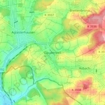 Topografische Karte Daudenzell, Höhe, Relief