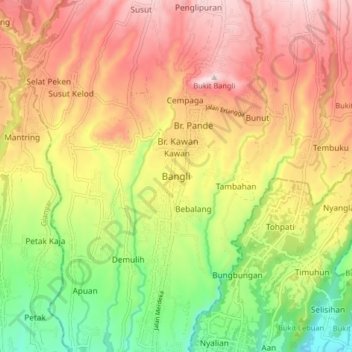 Topografische Karte Bangli, Höhe, Relief