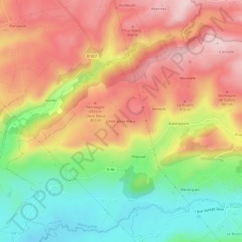 Topografische Karte Entre Deux Rieux, Höhe, Relief