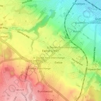 Topografische Karte Ewloe Green, Höhe, Relief