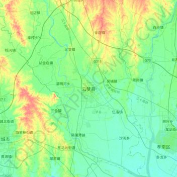 Topografische Karte Yunmeng, Höhe, Relief