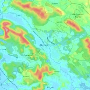 Topografische Karte Bicholim, Höhe, Relief