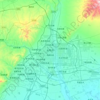 Topografische Karte 大同市, Höhe, Relief