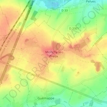 Topografische Karte Monchy-le-Preux, Höhe, Relief