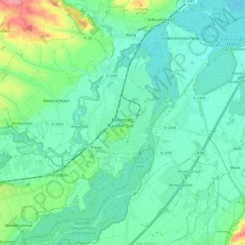 Topografische Karte Moosburg an der Isar, Höhe, Relief