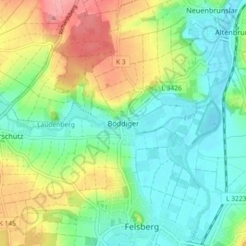 Topografische Karte Böddiger, Höhe, Relief