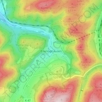 Topografische Karte Elleringhausen, Höhe, Relief