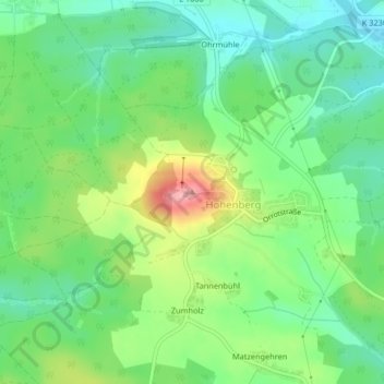 Topografische Karte Hohenberg, Höhe, Relief