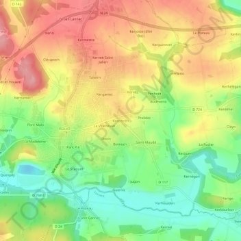 Topografische Karte Kerentréh, Höhe, Relief