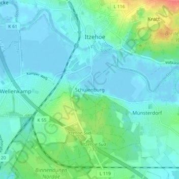 Topografische Karte Schulenburg, Höhe, Relief