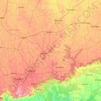 Topografische Karte Dewas, Höhe, Relief