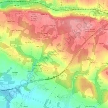 Topografische Karte Kergouach, Höhe, Relief