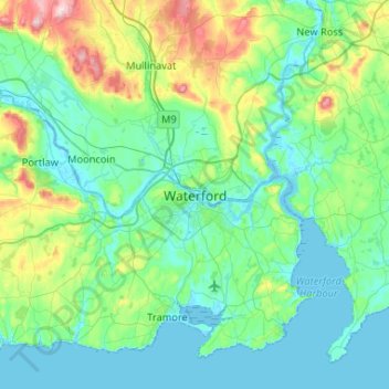 Topografische Karte Waterford, Höhe, Relief