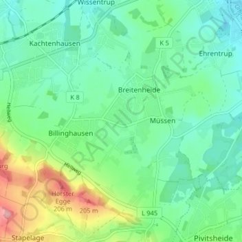Topografische Karte Heysundern, Höhe, Relief