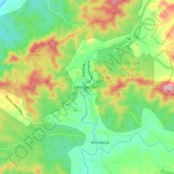 Topografische Karte Herberton, Höhe, Relief