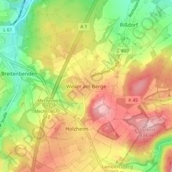 Topografische Karte Weiler am Berge, Höhe, Relief