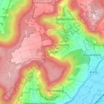 Topografische Karte Poxstall, Höhe, Relief