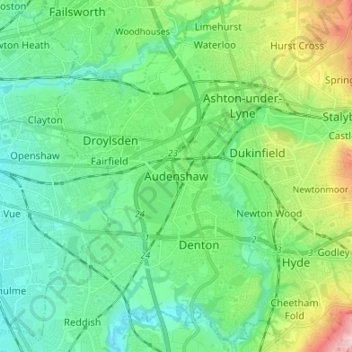 Topografische Karte Audenshaw, Höhe, Relief