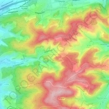 Topografische Karte Mühlethal, Höhe, Relief